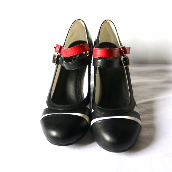 Lola Ramona Leather Heels Black White Red Stripes Ankle Straps Retro Women's 39 - Picture 4 of 10